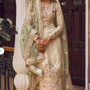 Cream & Light Green Embroidered Palazzo Suit